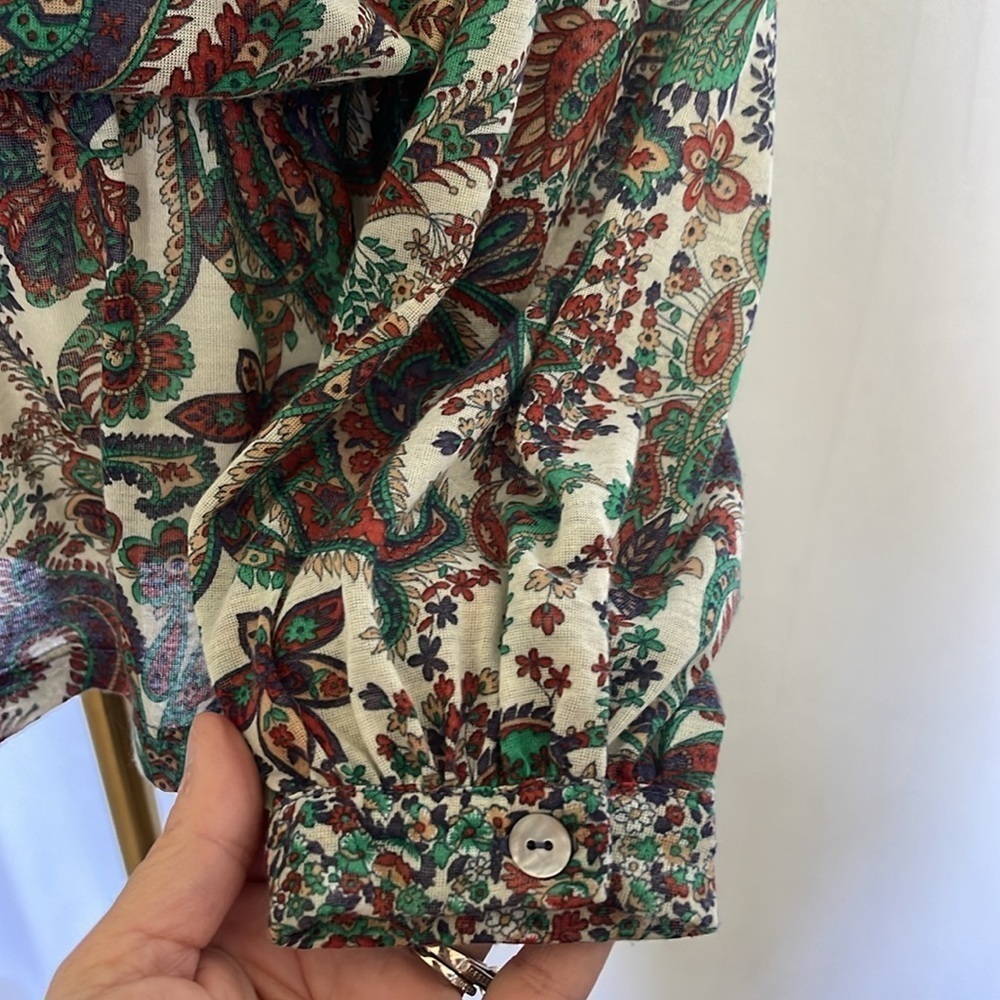 Mango Bohemian Sheer 3/4 Sleeve Paisley Print Tie-neck Blouse Top Size S V Neck - Picture 3 of 9